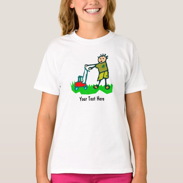 Cartoon Drawing Man Mowing Grass T-Shirt (Front)