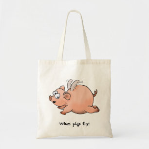 Cartoon drawing of a pig with wings flying tote bag