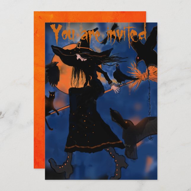 Cartoon Drawing of Halloween Witch on Broom Invitation (Front/Back)