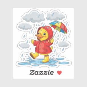 Cartoon Duckling Playing in Rain with Umbrella