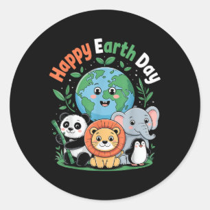 Cartoon Earth Surrounded By Jungle Animals Happy E Classic Round Sticker