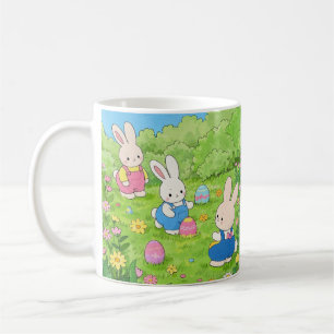 Cartoon Easter bunnies hiding eggs in a garden Coffee Mug