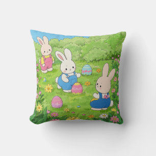 Cartoon Easter bunnies hiding eggs in a garden Cushion