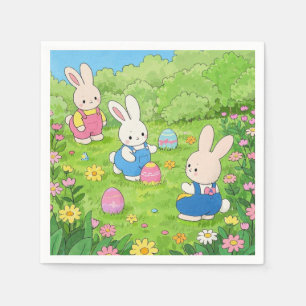 Cartoon Easter bunnies hiding eggs in a garden Napkin