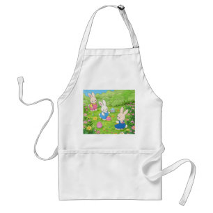 Cartoon Easter bunnies hiding eggs in a garden Standard Apron