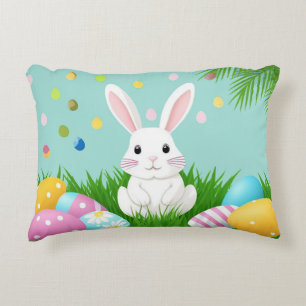 Cartoon Easter Bunny in Grass with Colourful Eggs Decorative Cushion