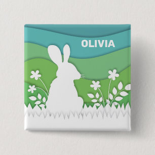 Cartoon easter bunny in green spring nature 15 cm square badge
