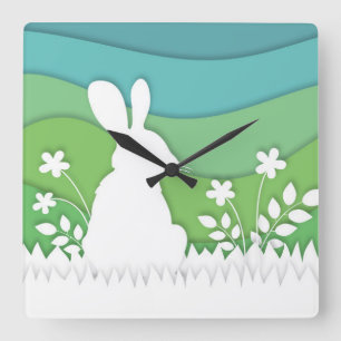 Cartoon easter bunny in green spring nature square wall clock