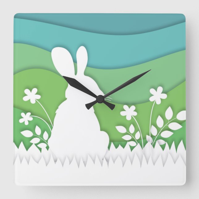 Cartoon easter bunny in green spring nature  square wall clock (Front)