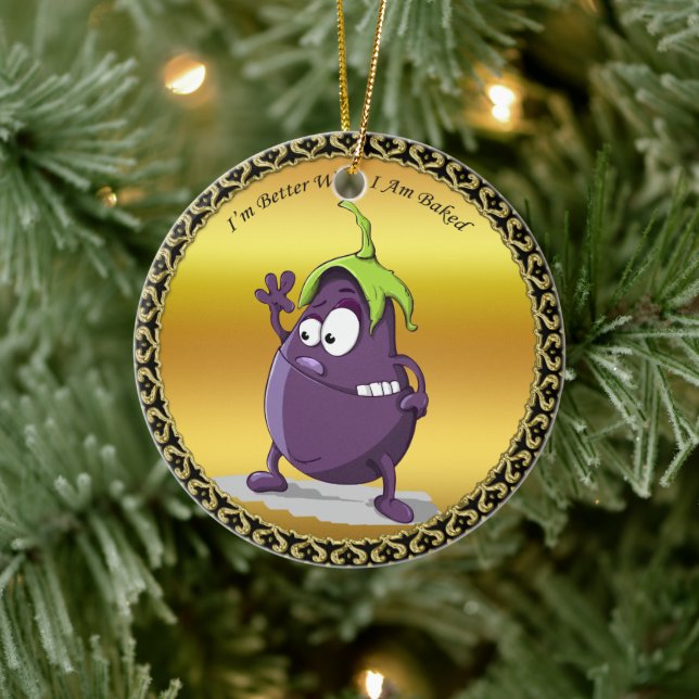 Cartoon eggplant with big eyes green hair ceramic tree decoration (Tree)
