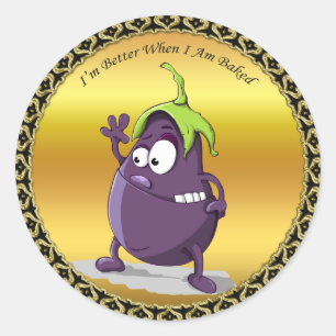 Cartoon eggplant with big eyes green hair classic round sticker