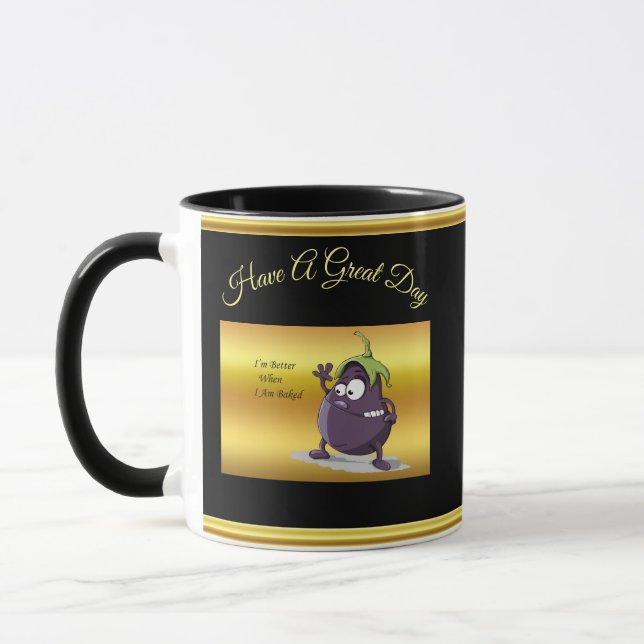 Cartoon eggplant with big eyes green hair mug (Left)