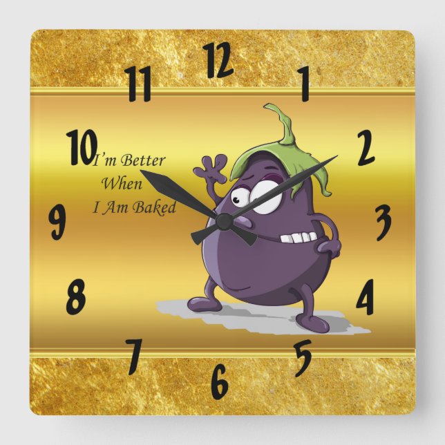 Cartoon eggplant with big eyes green hair square wall clock (Front)