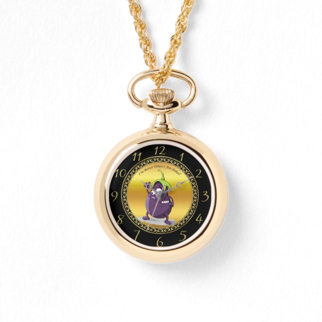 Cartoon eggplant with big eyes green hair watch (Front)