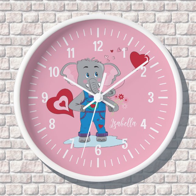 Cartoon Elephant and Hearts Girl Pink Wall Clock (Creator Uploaded)