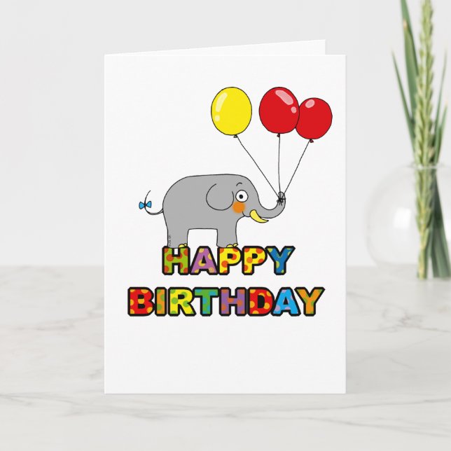 Cartoon elephant balloons happy birthday card (Front)