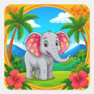 Cartoon Elephant Cute Jungle Animal Design  Square Sticker