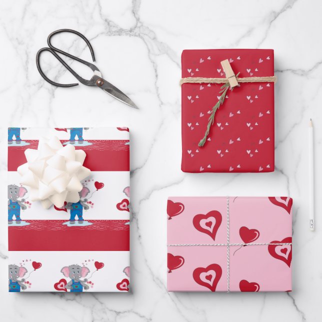 Cartoon Elephant | Pink Red Hearts Valentine's Day Wrapping Paper Sheet (Front)