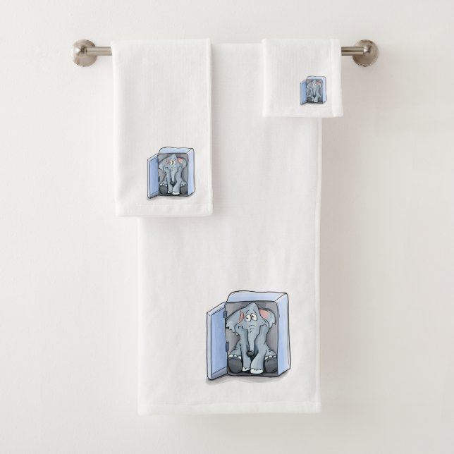 Cartoon elephant sitting inside a refrigerator bath towel set (Insitu)