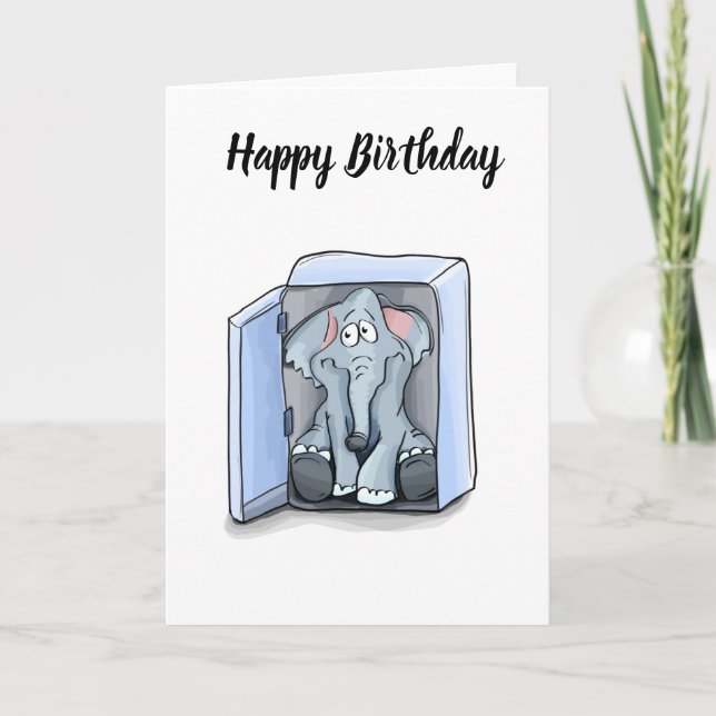 Cartoon elephant sitting inside a refrigerator card (Front)