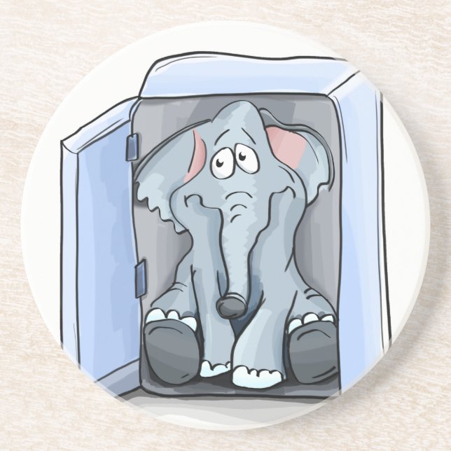 Cartoon elephant sitting inside a refrigerator coaster (Front)
