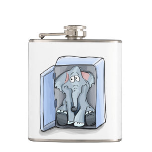 Cartoon elephant sitting inside a refrigerator hip flask