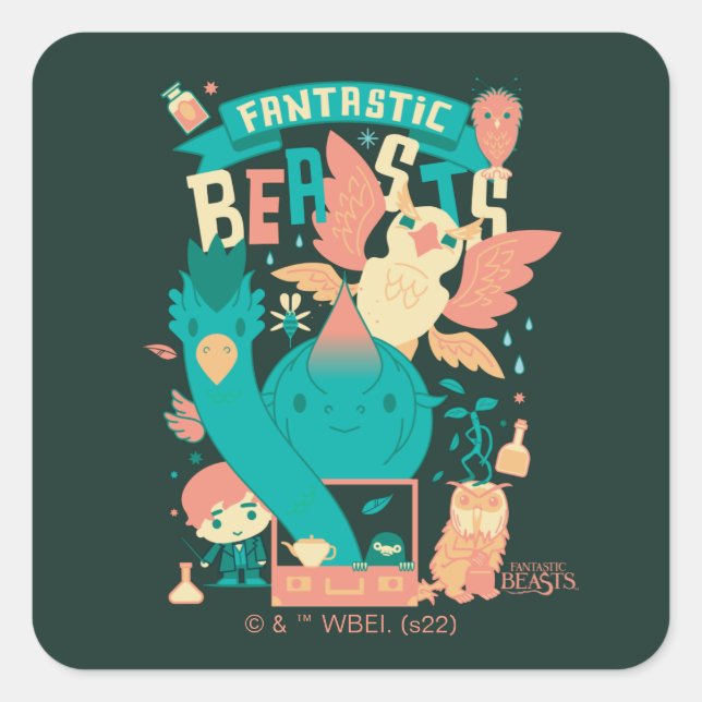 Cartoon Fantastic Beasts With Newt Scamander Square Sticker (Front)