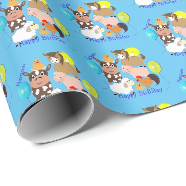 Cartoon Farm Animals Cute Personalised Birthday Wrapping Paper (Roll Corner)