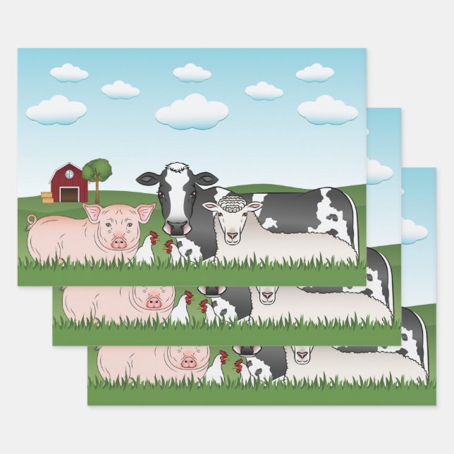 Cartoon Farm Animals With Green Grass And Blue Sky Wrapping Paper Sheet (Set)
