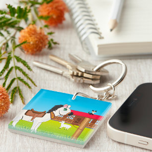 Cartoon Farm Scene with Horse Cat and Goat  Key Ring