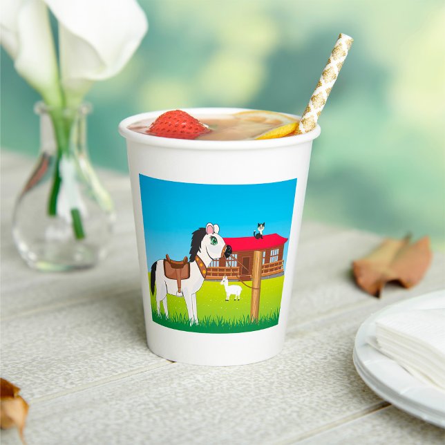 Cartoon Farm Scene with Horse Cat and Goat  Paper Cups (Creator Uploaded)