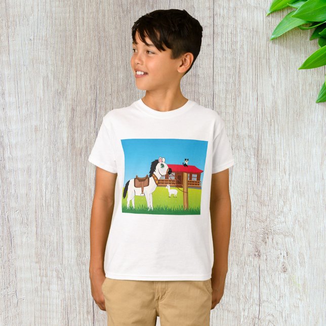 Cartoon Farm Scene with Horse Cat and Goat  T-Shirt (Creator Uploaded)