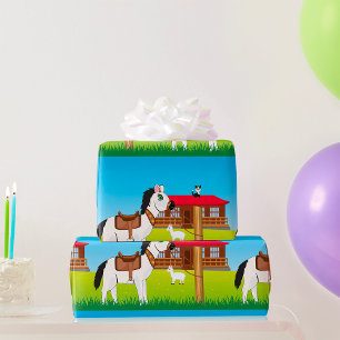 Cartoon Farm Scene with Horse Cat and Goat  Wrapping Paper