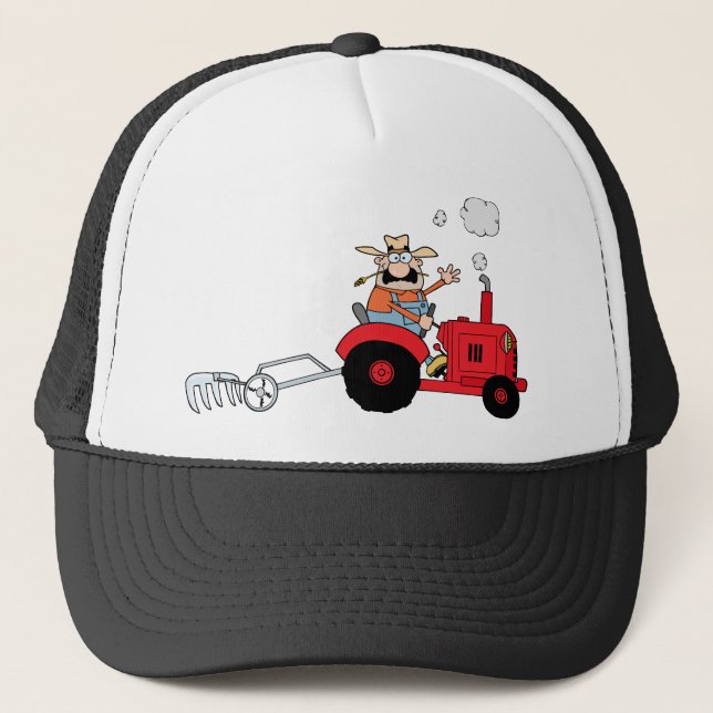 Cartoon Farmer Driving A Red Tractor Trucker Hat (Front)
