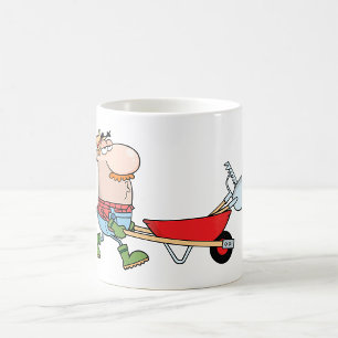 Cartoon Farmer with Wheelbarrow and Tools Coffee Mug