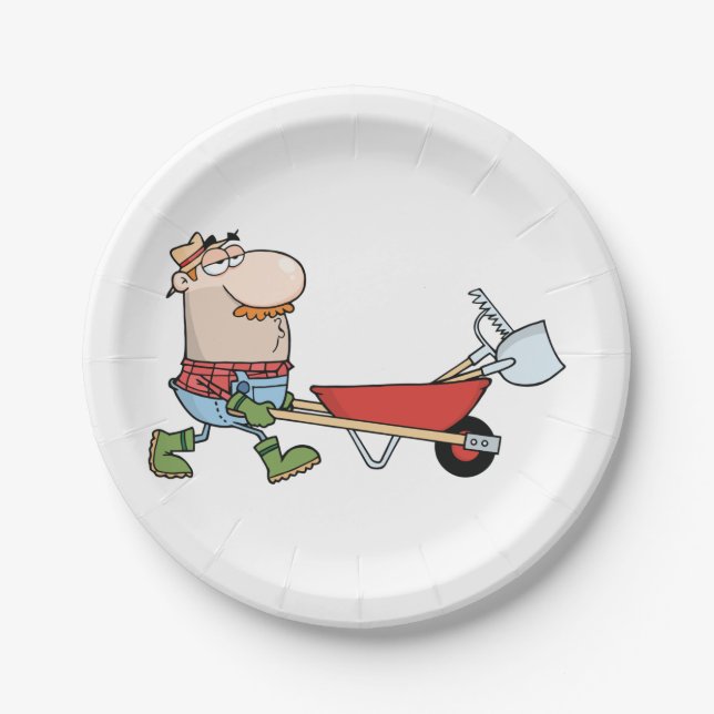 Cartoon Farmer with Wheelbarrow and Tools Paper Plate (Front)