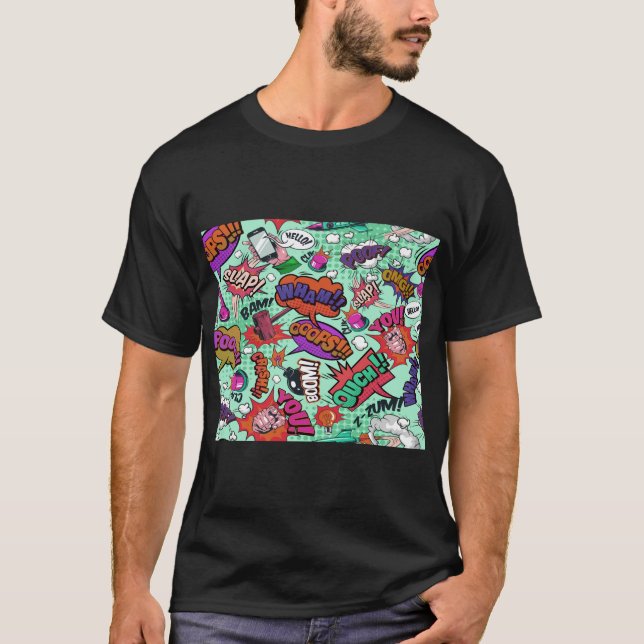 Cartoon Fight Words Colourful Seamless Pattern   T-Shirt (Front)