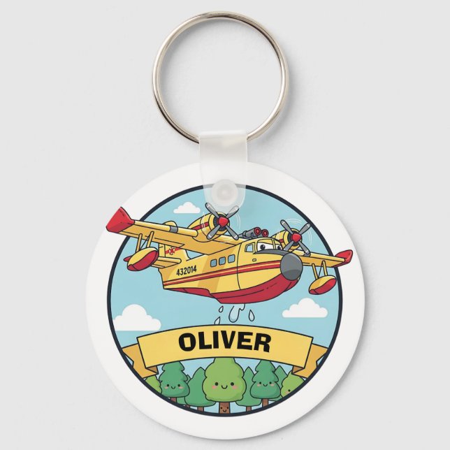 Cartoon Firefighting Plane Badge Key Ring (Front)