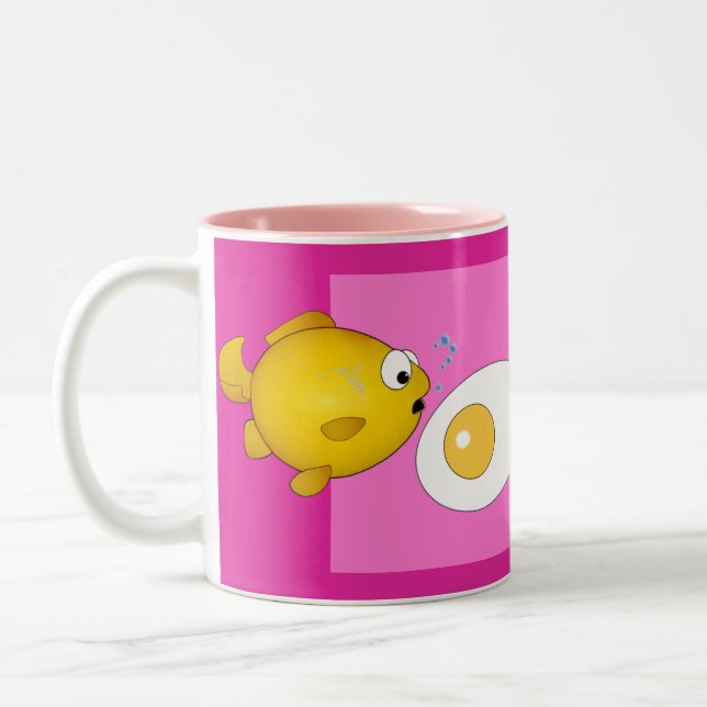 Cartoon fish and fried egg surprise! Two-Tone coffee mug (Left)