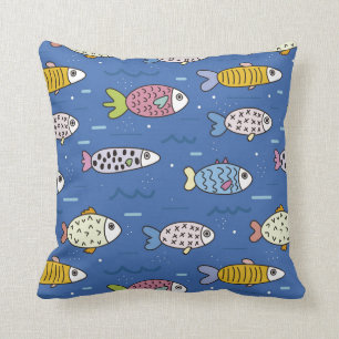 Cartoon Fish Pattern blue multicolor sea Cushion