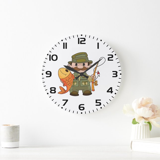 Cartoon Fisherman with Big Catch Funny Fishing  Large Clock (Creator Uploaded)