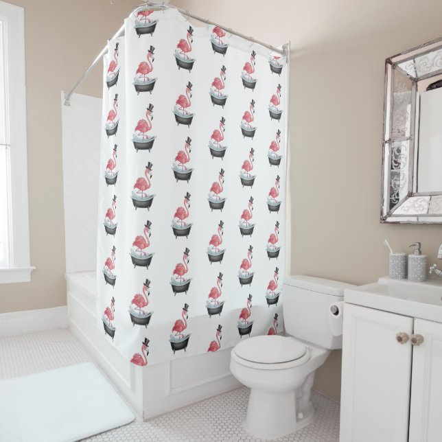 Cartoon Flamingo Pattern Shower Curtain (In Situ)