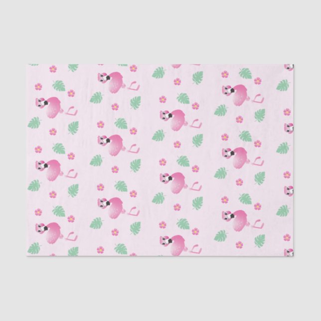 Cartoon Flamingo Tropical Flowers Pattern Pink Tissue Paper (Front)
