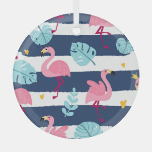 Cartoon Flamingos: Summer Tropical Vintage. Glass Tree Decoration