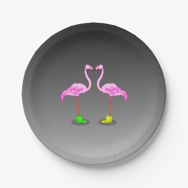 Cartoon Flamingos Wearing Colourful Winter Boots Paper Plate (Front)