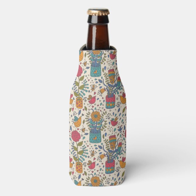 Cartoon floral pattern with birds 2 bottle cooler (Bottle Front)