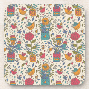 Cartoon floral pattern with birds 2 coaster