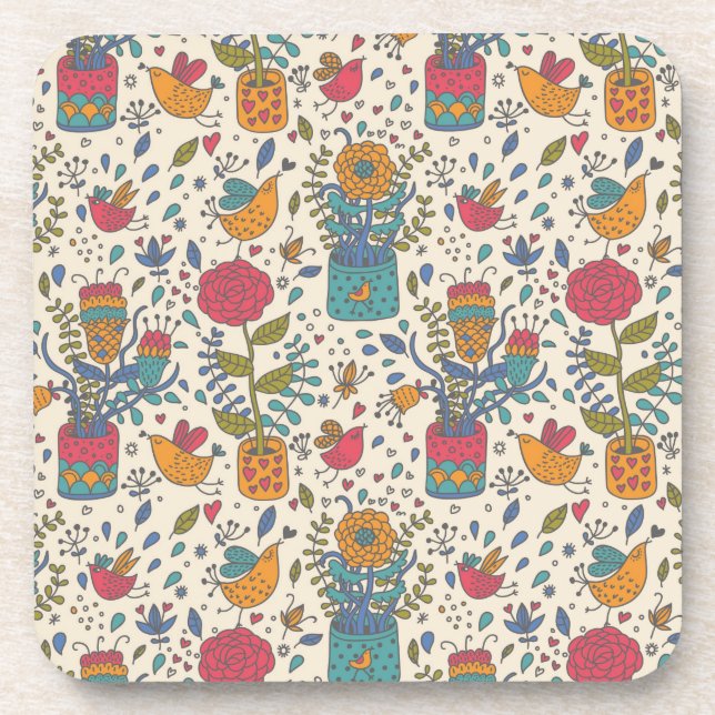 Cartoon floral pattern with birds 2 coaster (Front)