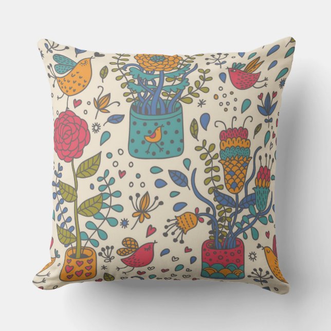Cartoon floral pattern with birds 2 cushion (Front)
