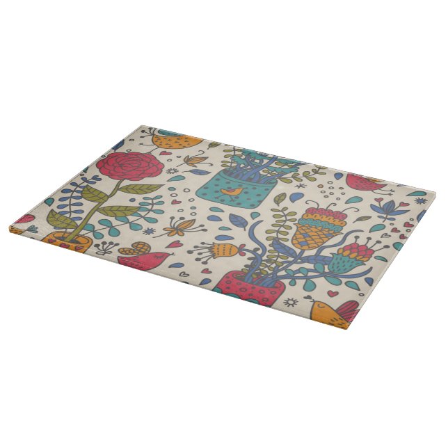 Cartoon floral pattern with birds 2 cutting board (Corner)